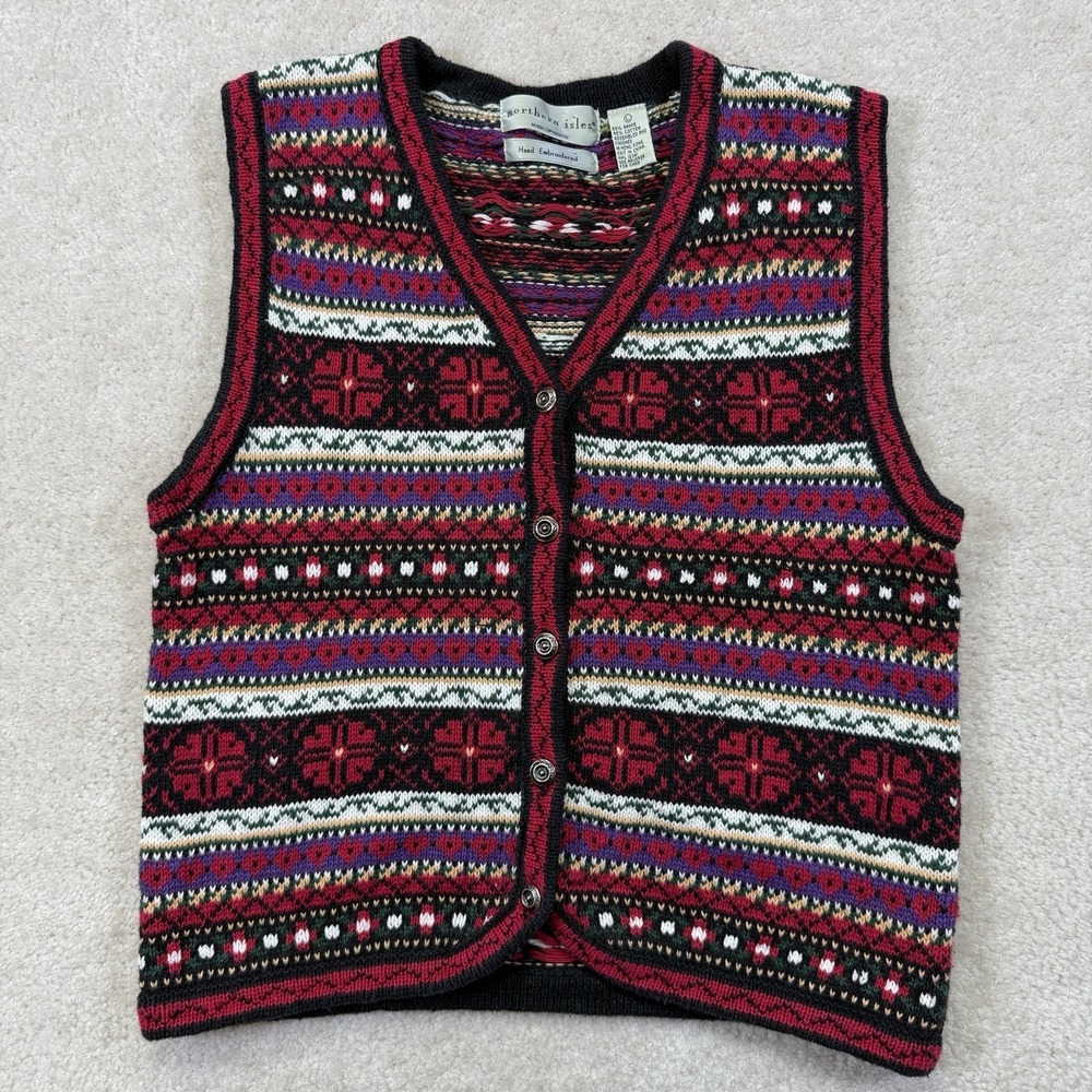 Northern Isles Fair Isle Sweater Vest Cardigan Womens L Cottage Core Hearts